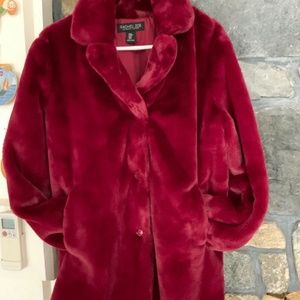 Faux fur luxurious jacket in raspberry red, Rachel Zoe hip length jacket